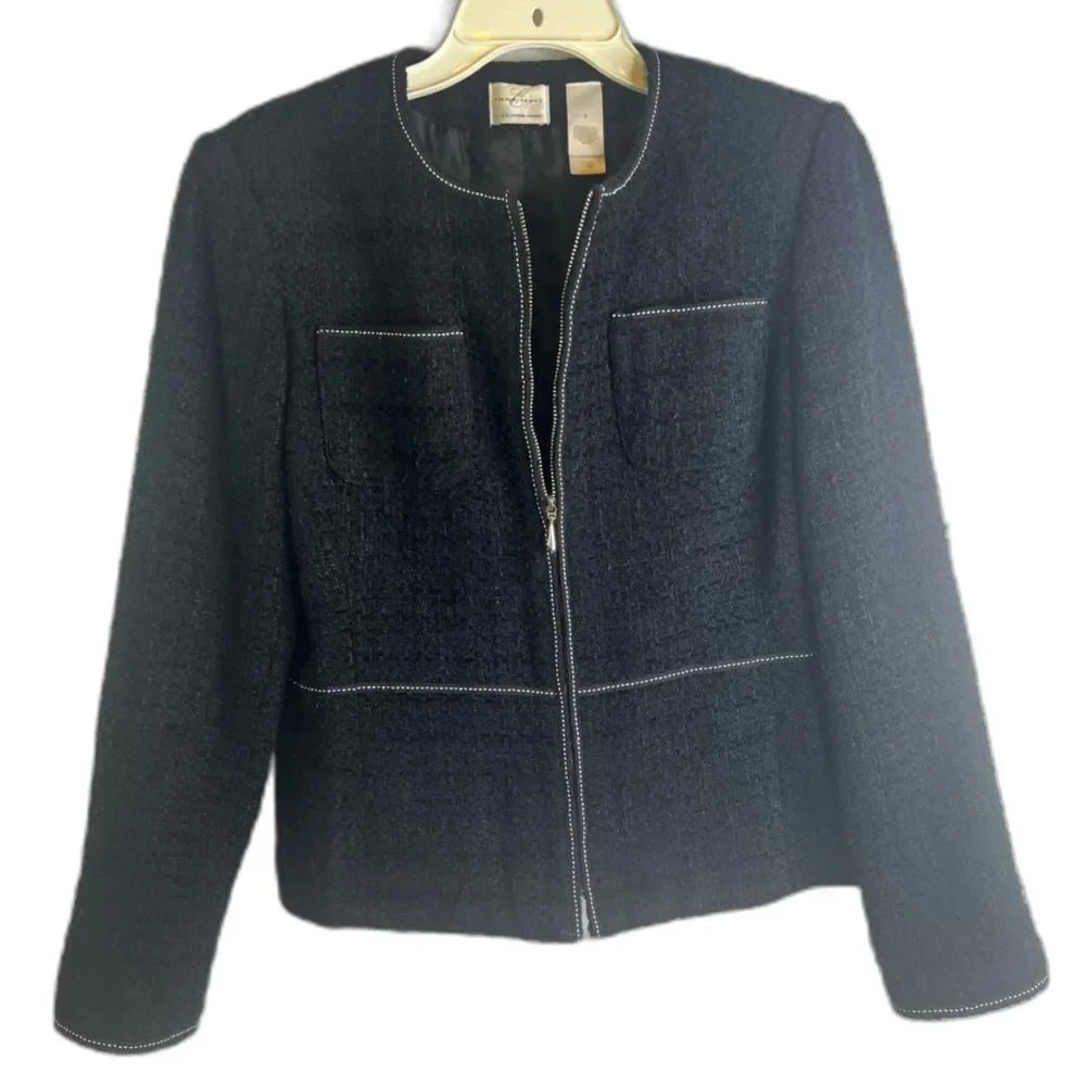 Emma James Black Boucle Tweed Full Zip Blazer Jacket Size 8